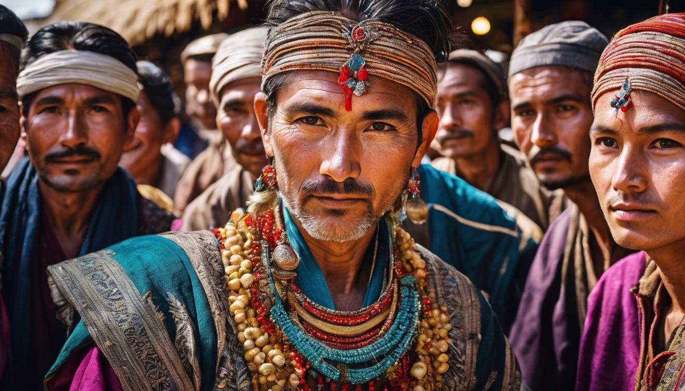 A group of local villagers in traditional attire gather at a vibrant market.