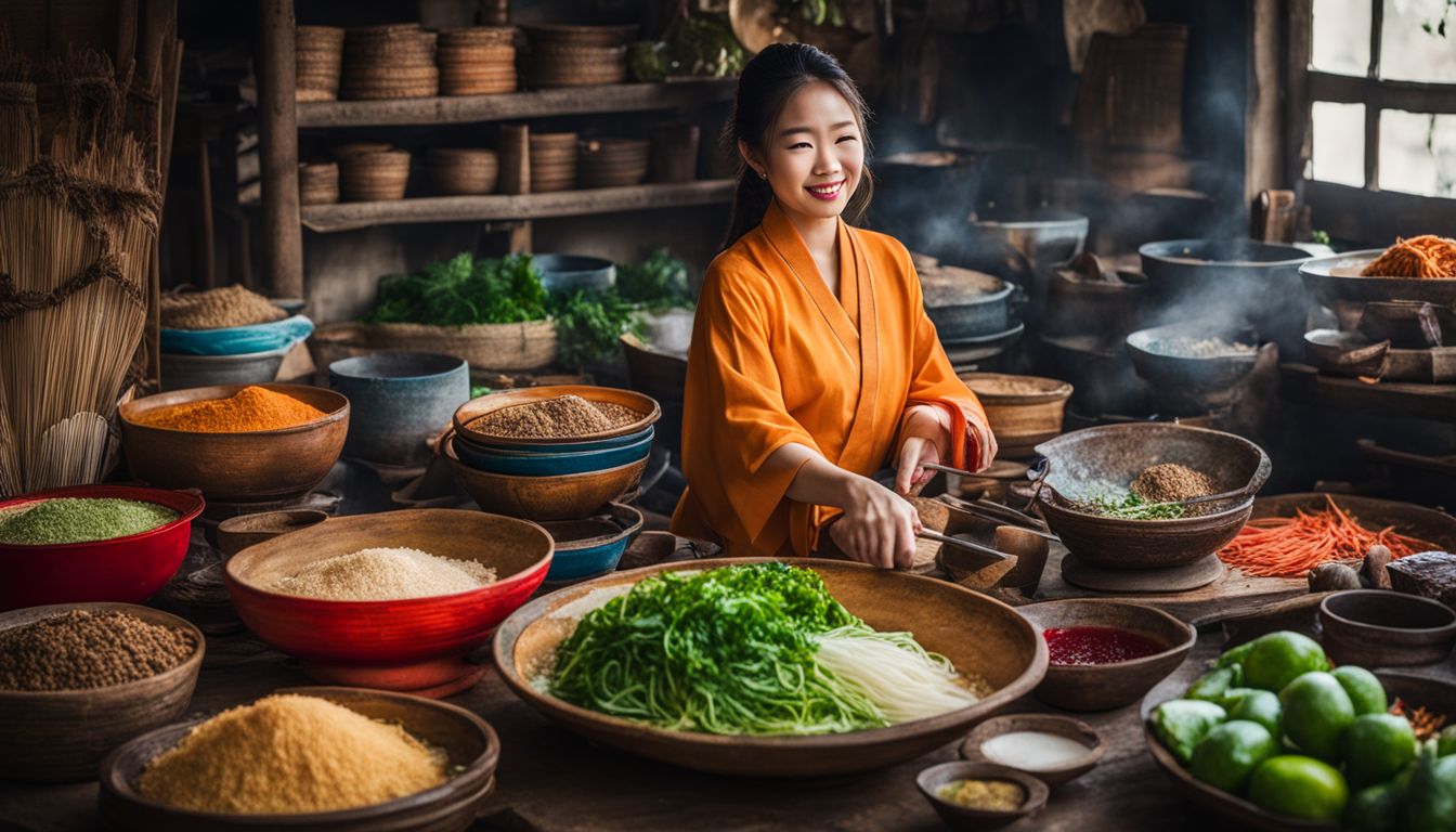 A vibrant Vietnamese kitchen captures the essence of Vietnamese culture with traditional utensils and ingredients.