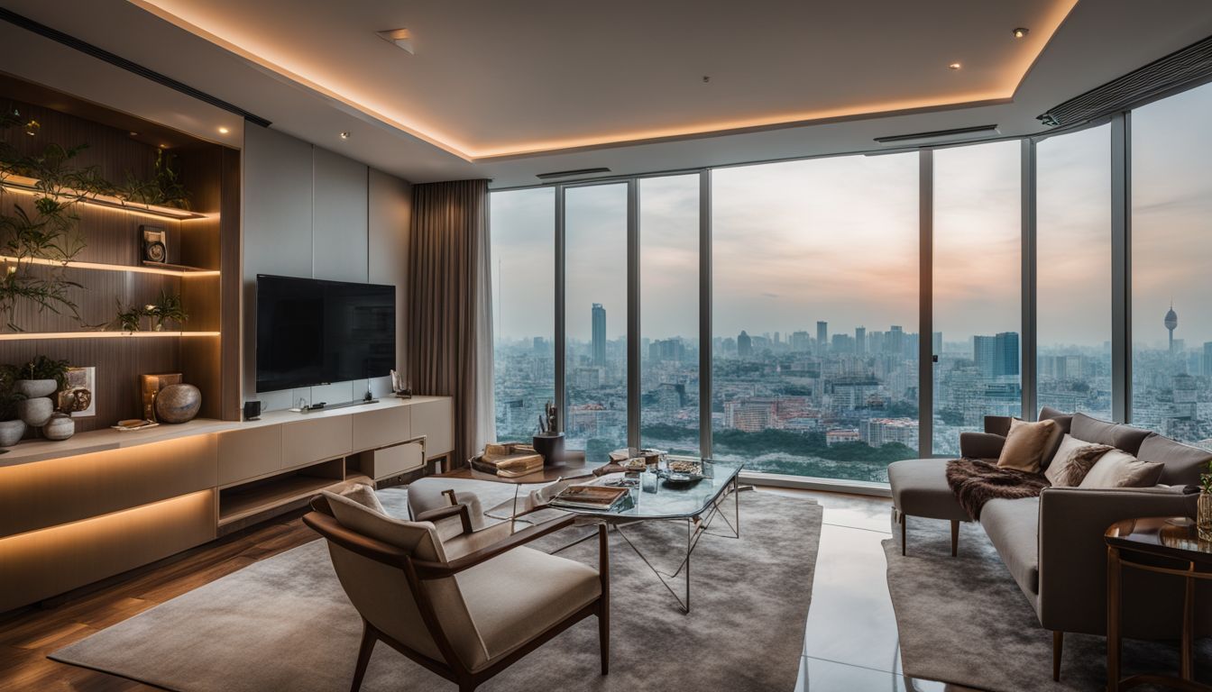 A beautifully furnished penthouse unit with panoramic views of Hanoi's skyline, showcasing a diverse group of people in different outfits and hairstyles.