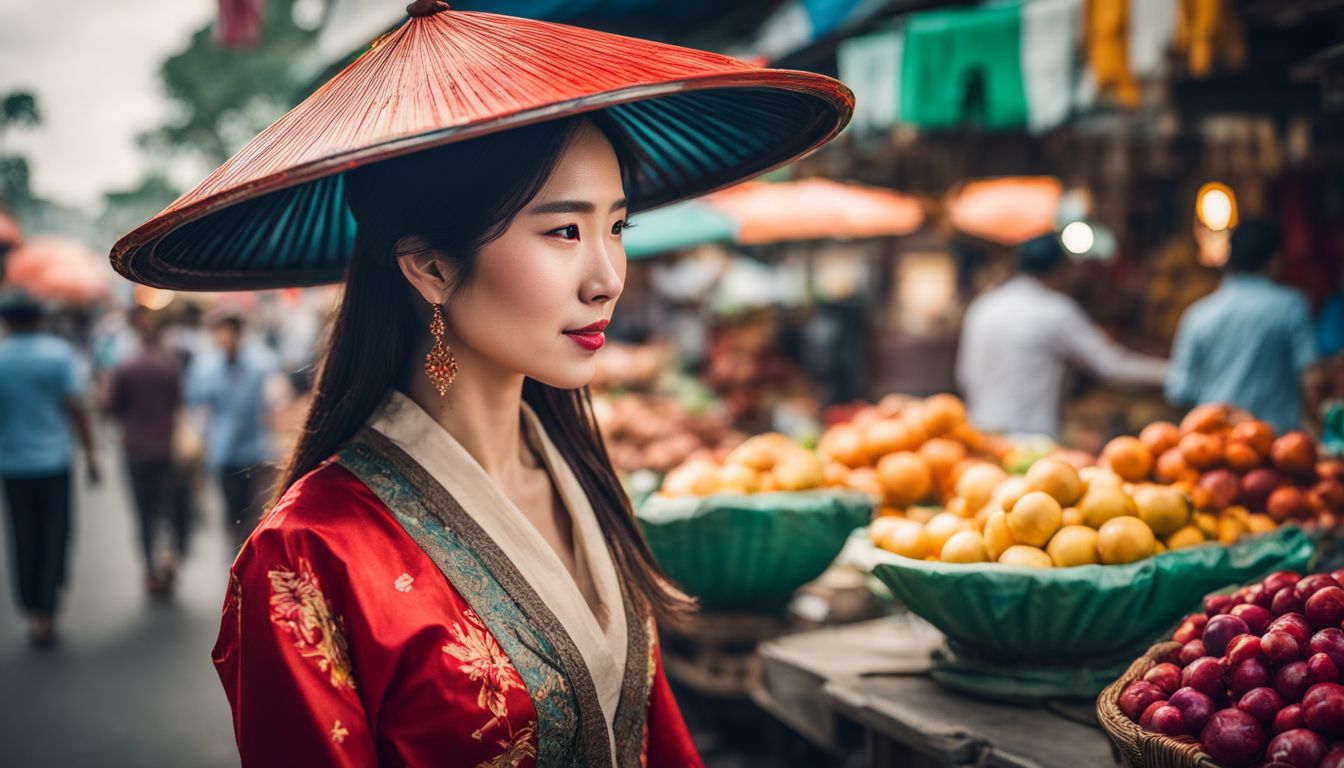 A woman in a traditional Vietnamese hat navigating a vibrant street market with diverse people and bustling energy.