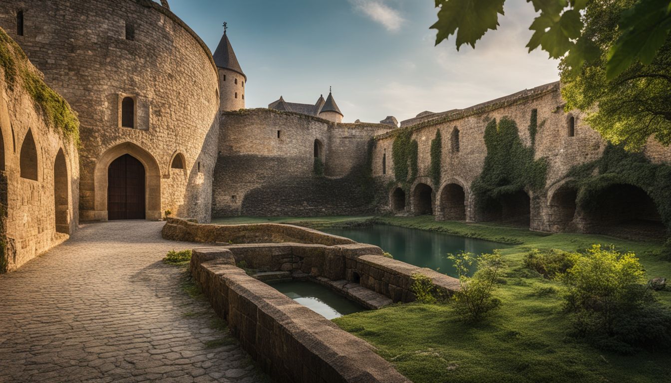 A bustling outer court surrounded by stone walls and a moat, captured in crystal clear detail.