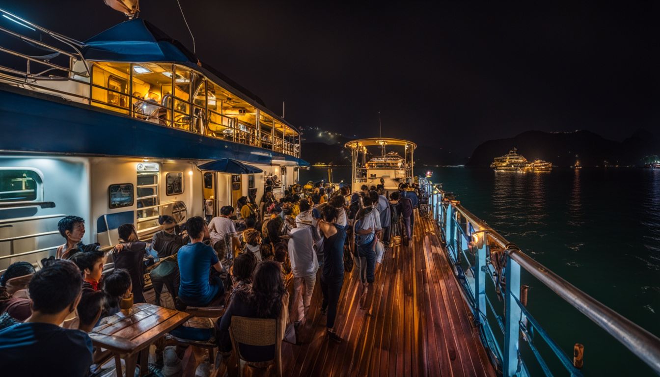 A photo of an overnight ferry docked near the floating villages of Halong Bay in Vietnam.