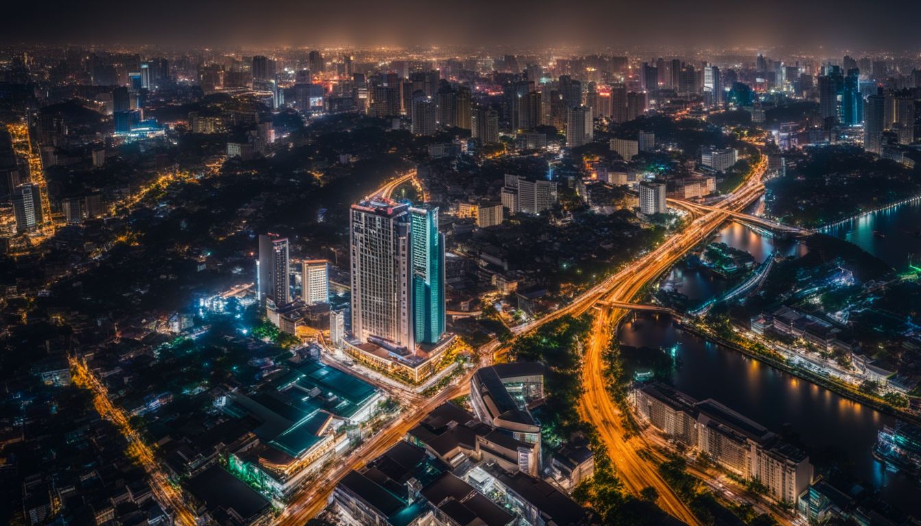 Aerial night view of the vibrant and diverse city skyline of Ho Chi Minh City.