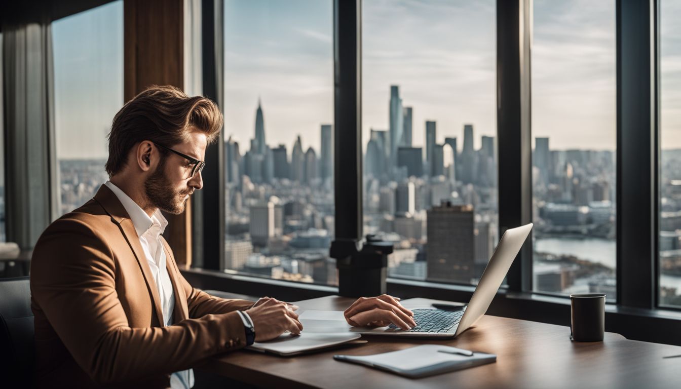 Confident businessman working on laptop with city skyline in background.