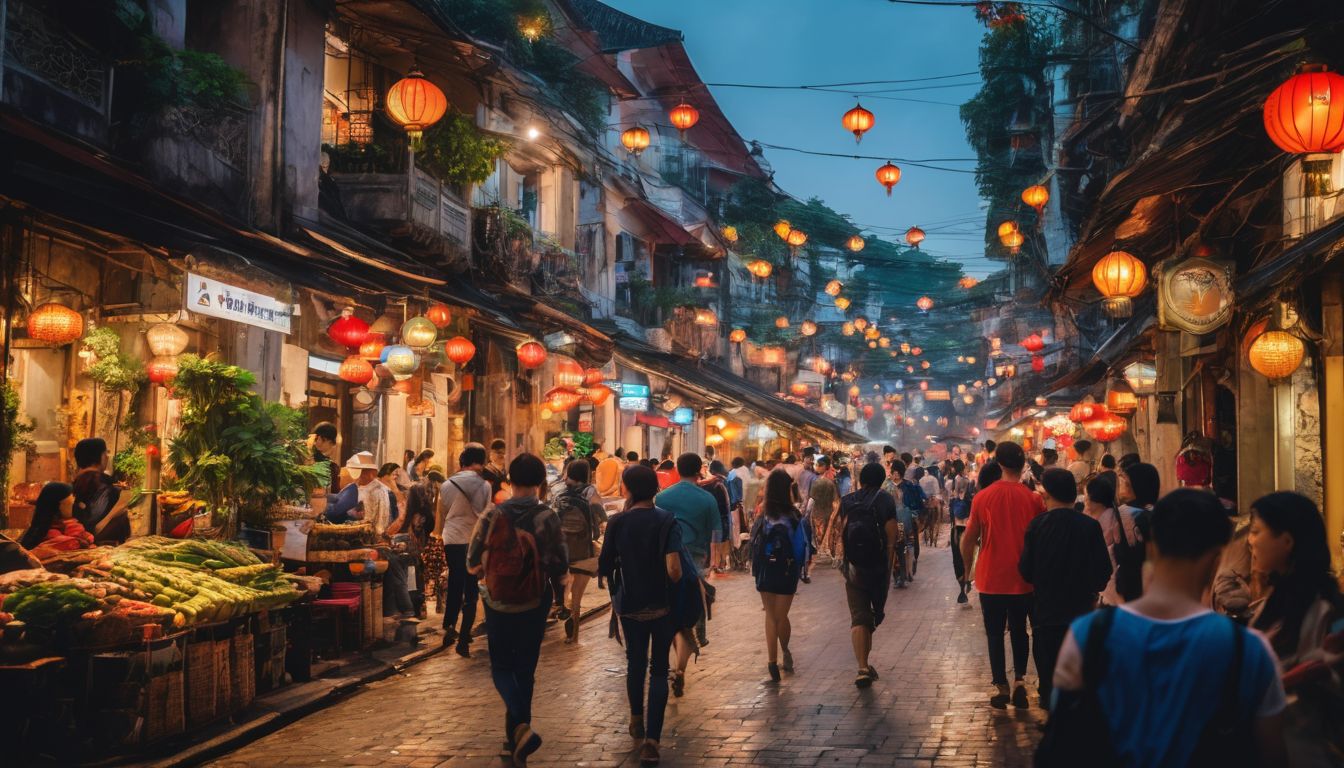 A diverse group of travelers explores the vibrant streets of Hanoi in a bustling atmosphere.