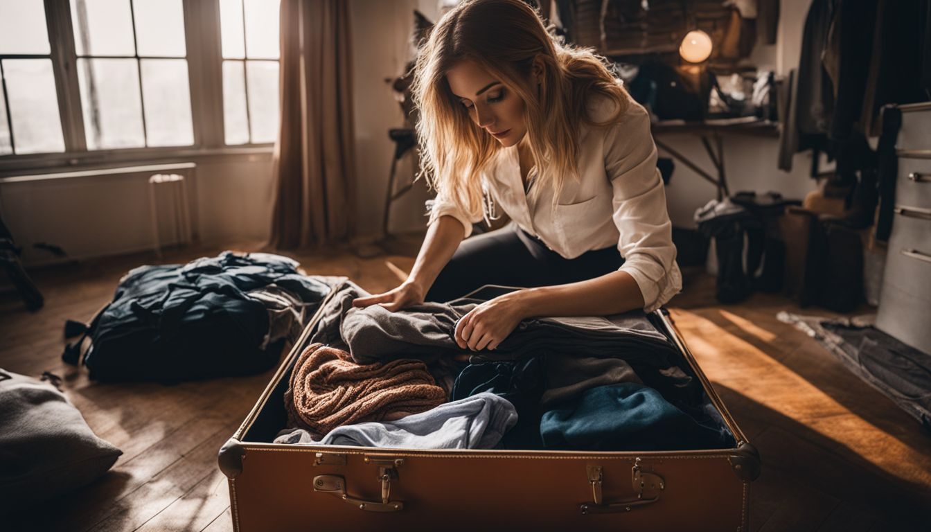 A woman packs clothing for different weather conditions in her suitcase for travel.