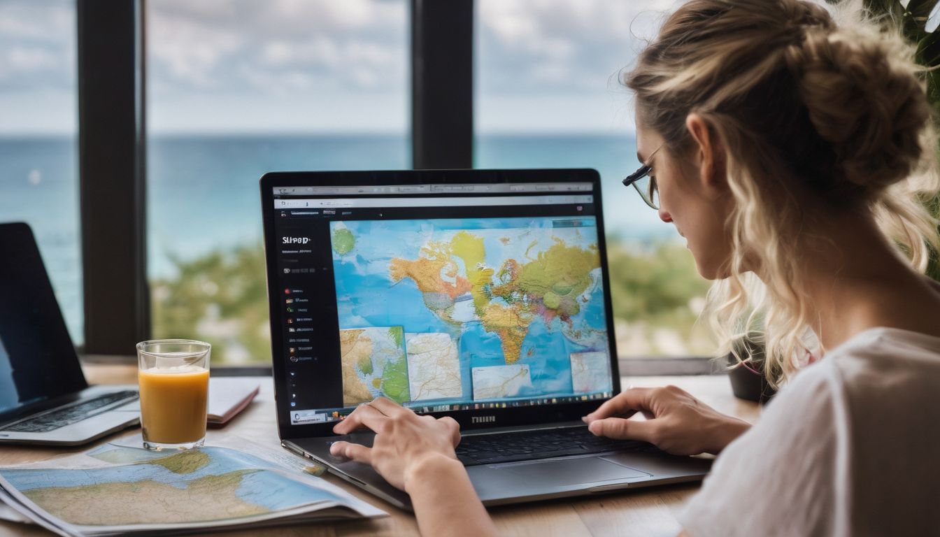 A person is planning a personalized travel itinerary, surrounded by travel brochures and a world map.