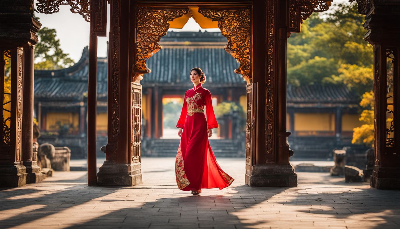 A woman wearing a traditional ao dai walks through the entrance gate of the Imperial City of Hue.