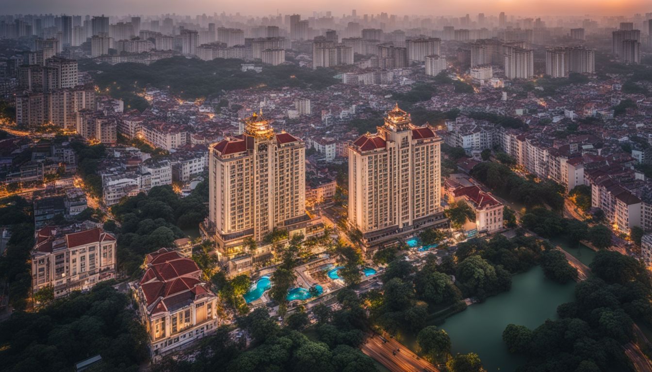 Aerial view of luxury apartments in vibrant neighborhoods of Hanoi captured with a wide-angle lens.