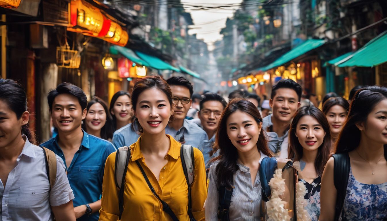 A diverse group of tourists explore the bustling streets of Hanoi, capturing the lively cityscape and varied human faces.