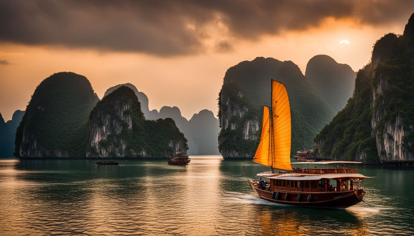 A stunning sunset over Halong Bay, with a boat sailing through calm waters, captured in beautiful detail.