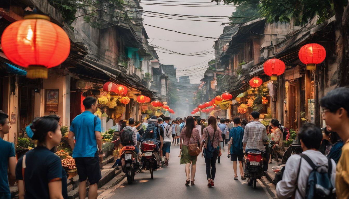 A diverse group of tourists explore the bustling streets of Hanoi in a vibrant and lively cityscape.