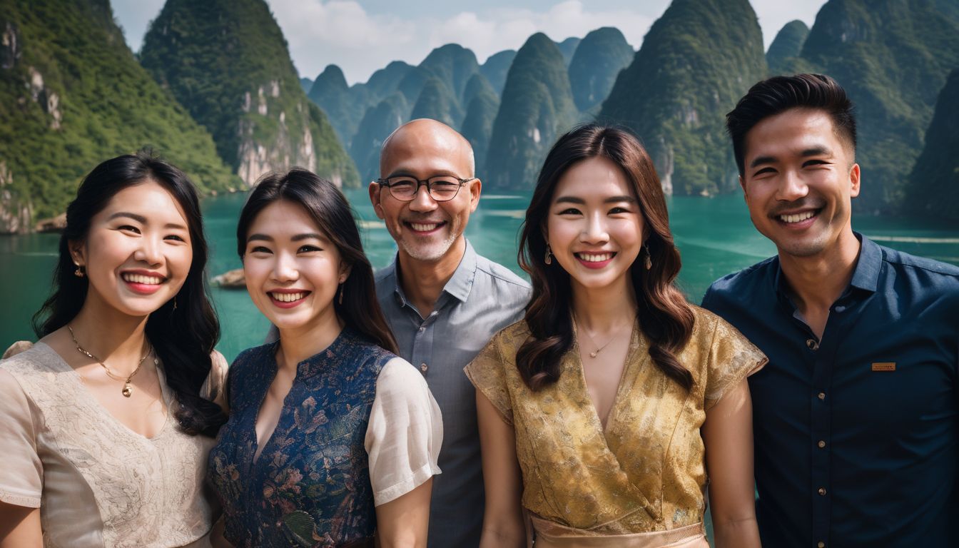 A diverse group of people holding hands and smiling in front of a beautiful Vietnamese landscape.