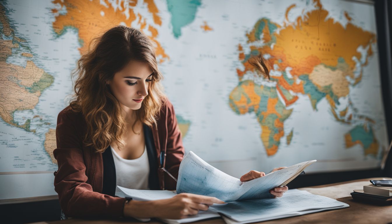 A traveler studies a visa application checklist with a world map in the background.