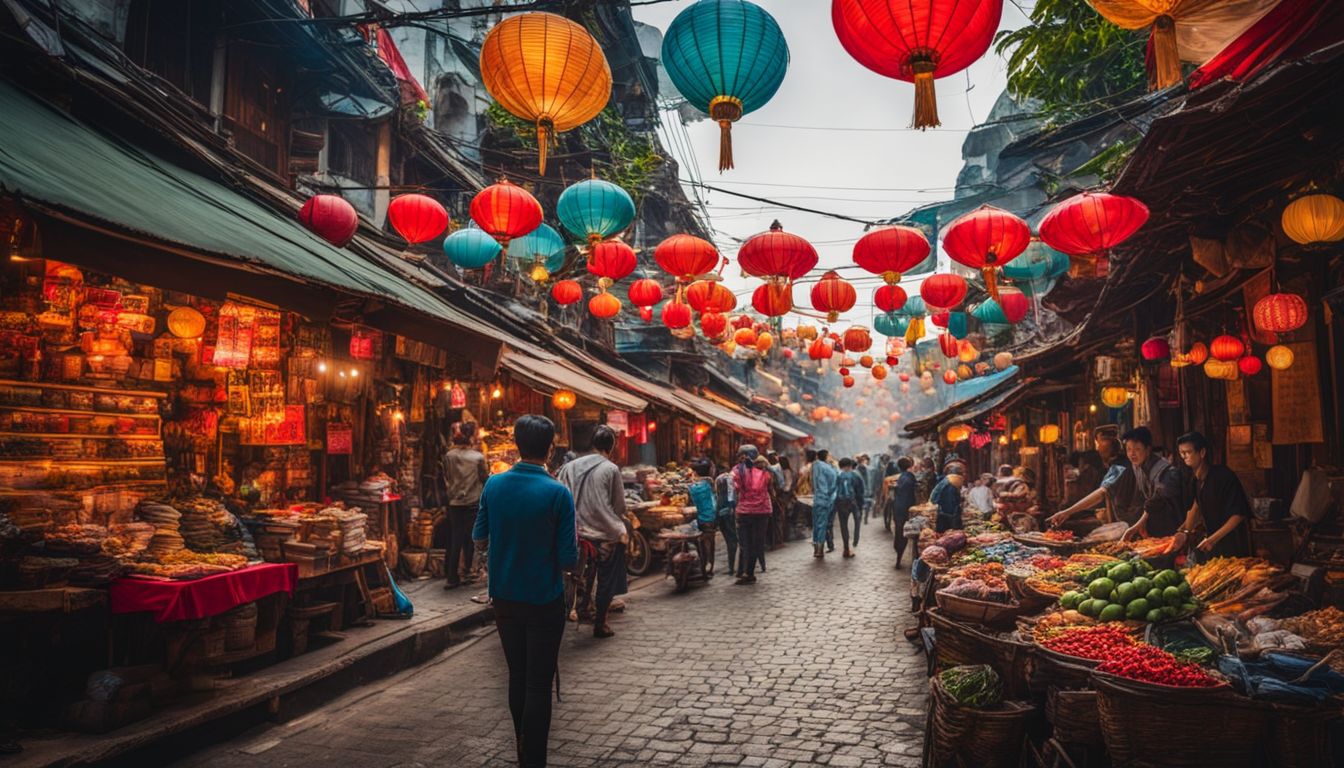 Exterior view of a vibrant street filled with tour agencies advertising Vietnam tours, capturing the bustling atmosphere.