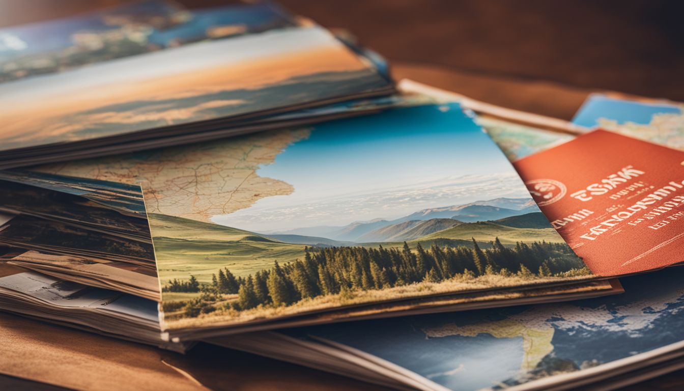A stack of travel brochures surrounded by a world map, showcasing different faces, hair styles, and outfits.