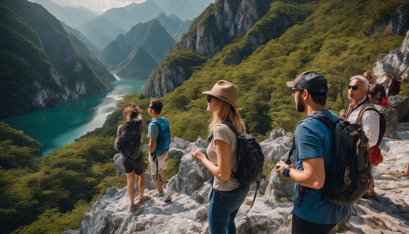 A diverse group of tourists exploring the Marble Mountains, capturing its natural beauty and historical significance.
