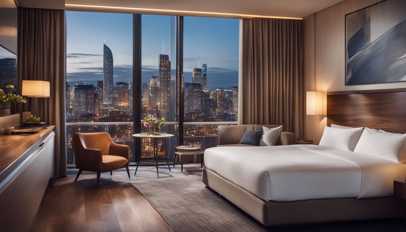A stunning, spacious hotel room with a balcony overlooking a bustling cityscape.