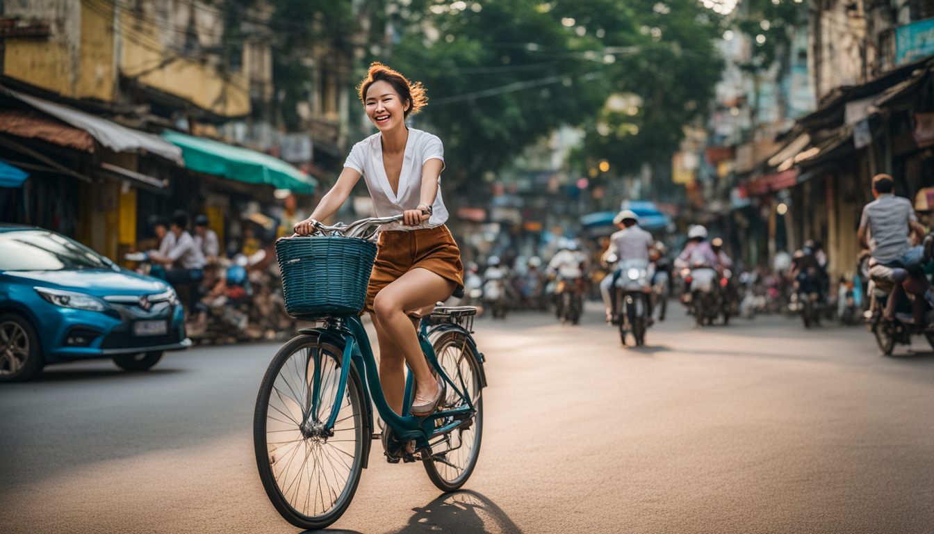 A woman rides her bicycle through the bustling streets of Ho Chi Minh City, captured in a vibrant and cinematic photograph.