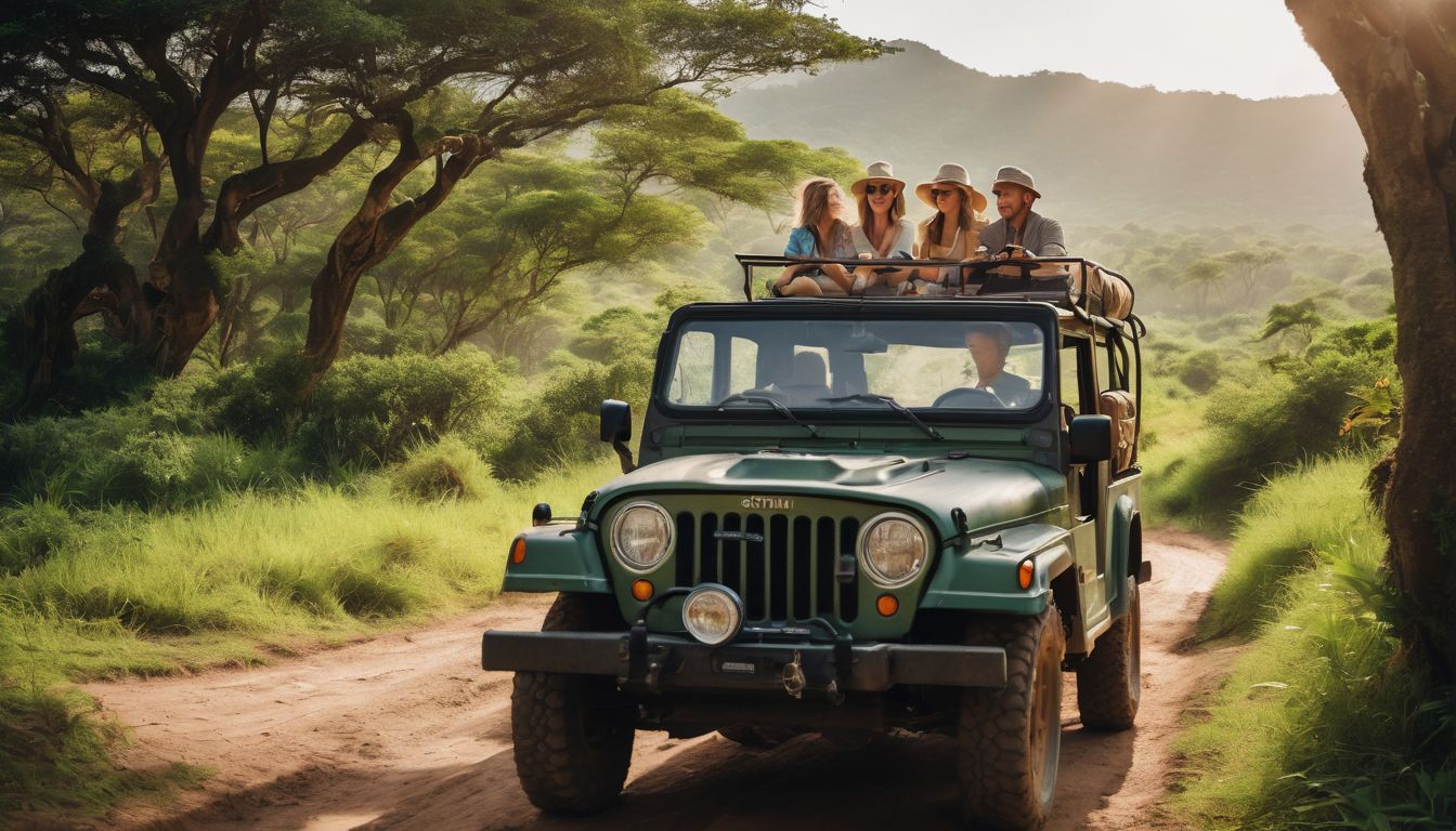 A family of tourists on a safari jeep surrounded by lush greenery and spotting exotic wildlife.