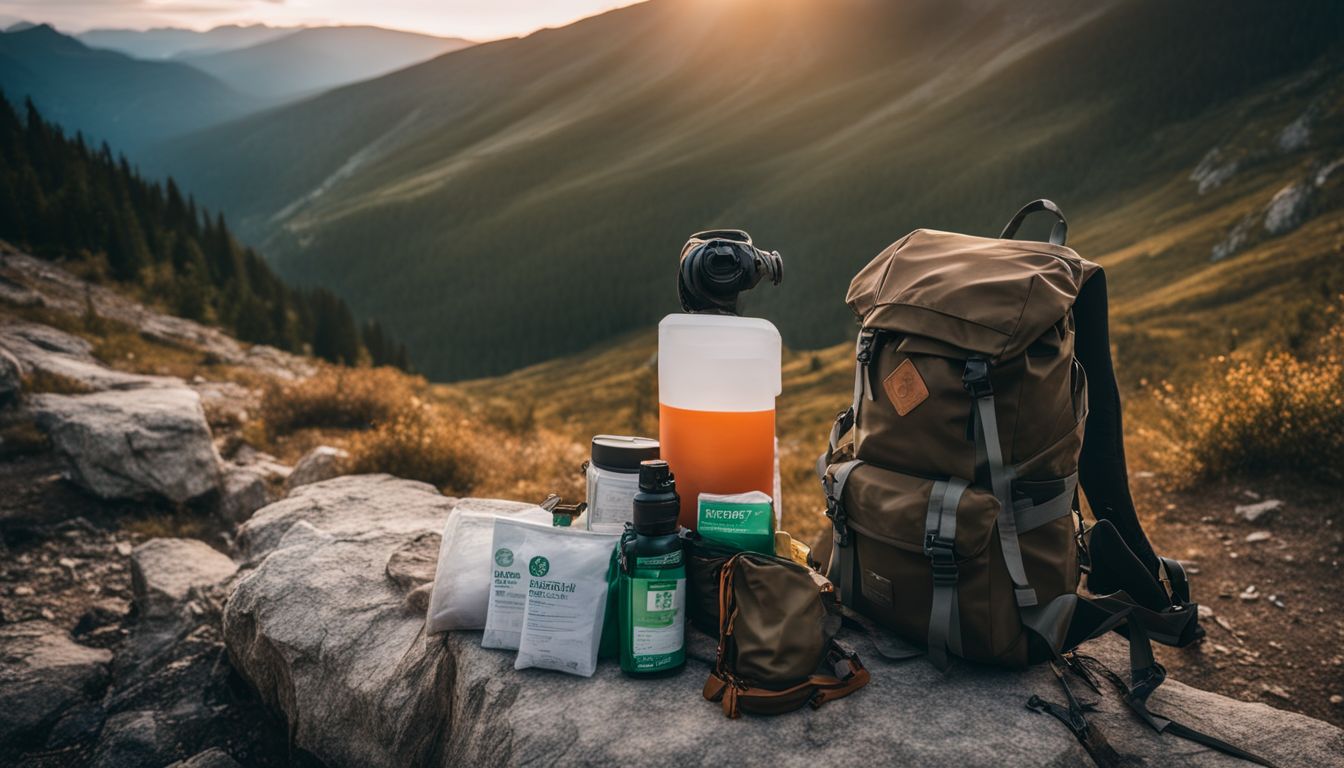 A scenic hiking trail with a backpack and first aid kit surrounded by beautiful mountains.
