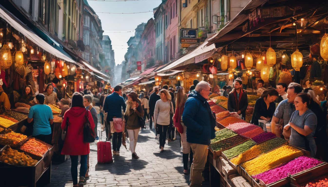 A diverse group of tourists explore a crowded marketplace filled with colorful stalls.