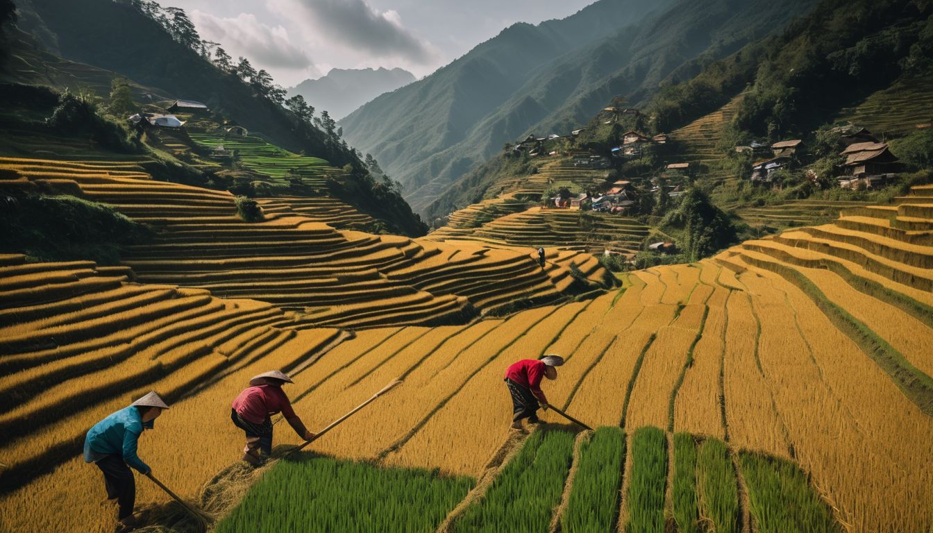 A group of local farmers harvesting rice in the vibrant Sapa Rice Fields, showcasing the beauty of nature.