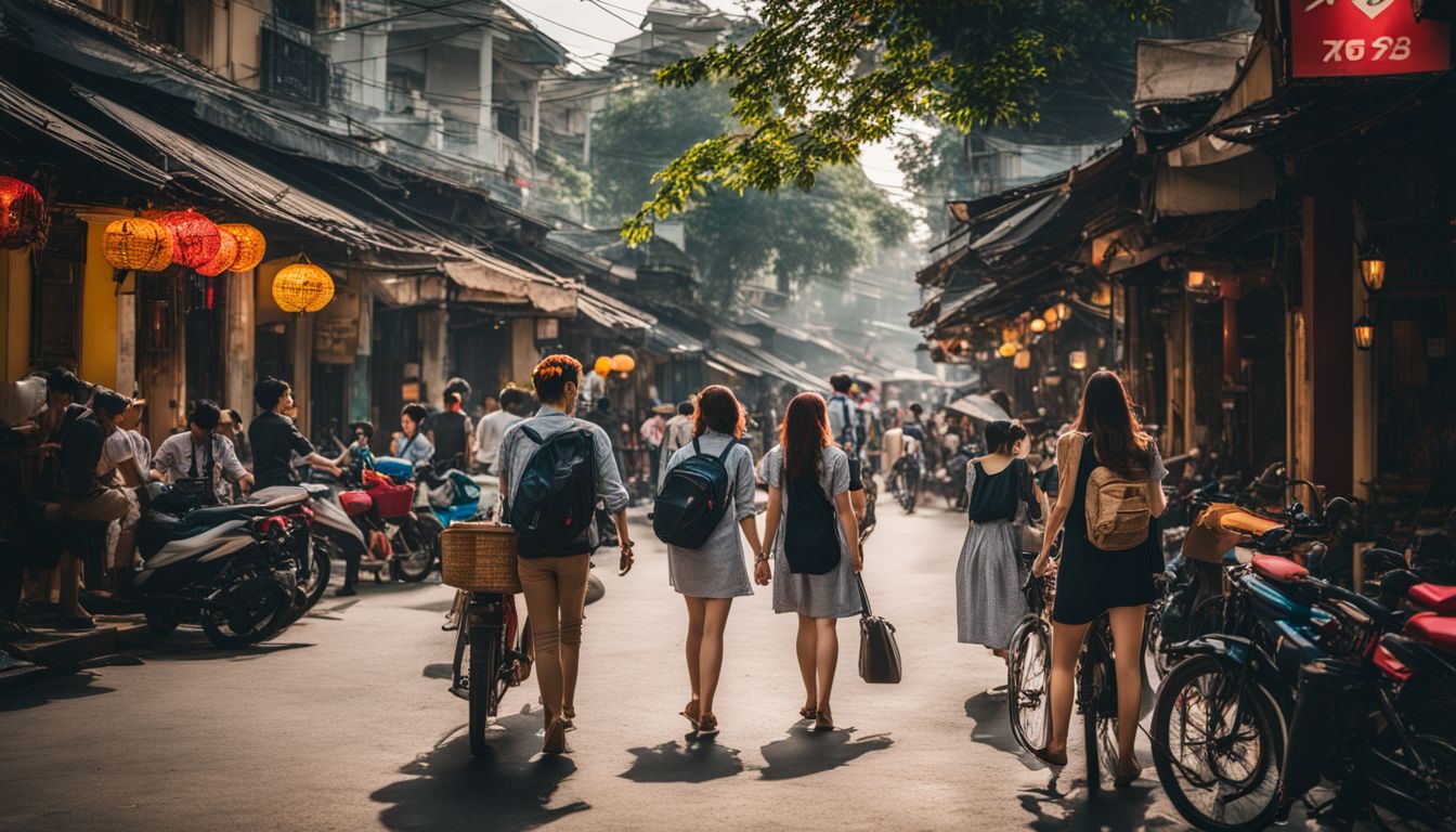 Tourists exploring the vibrant streets of Hanoi in a bustling atmosphere.