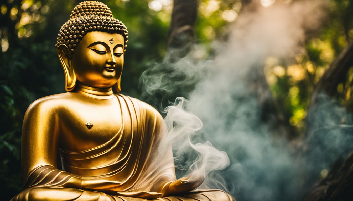 A photo of a golden Buddha statue surrounded by nature and incense smoke, with various people paying their respects.