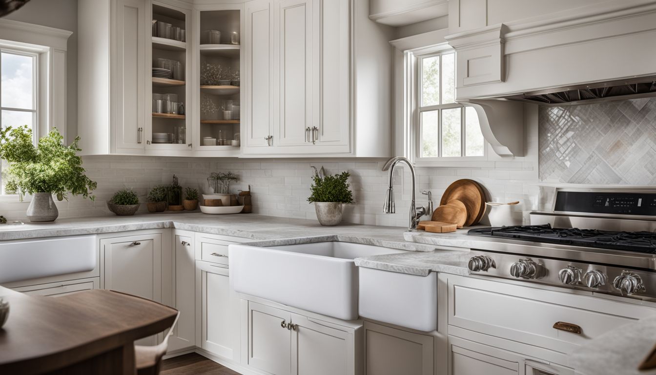 A photo of a white kitchen with cabinets, a farmhouse sink, and a tiled backsplash.