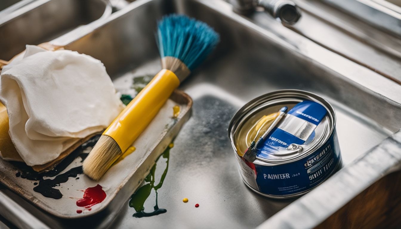 A photo of a stainless steel sink with painting supplies.