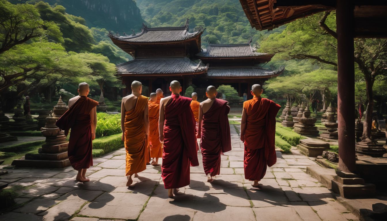 A group of Buddhist monks walking peacefully through a lush temple garden.