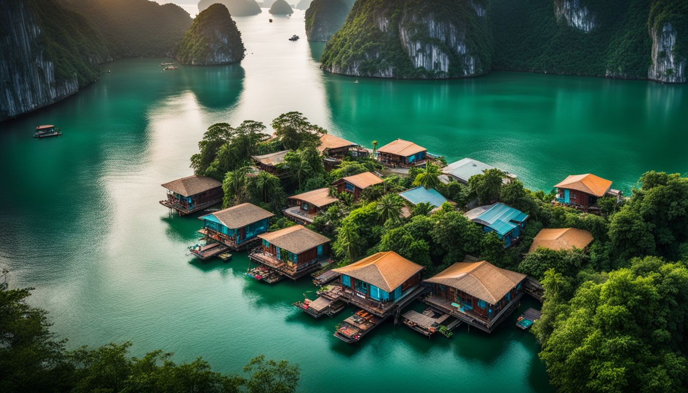 Aerial view of floating homes surrounded by lush greenery in Halong Bay, creating a bustling and vibrant atmosphere.