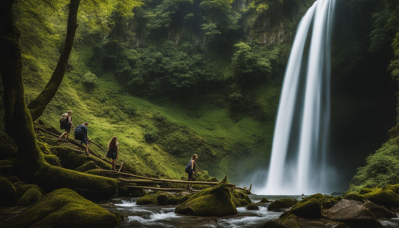 A picturesque waterfall in a vibrant forest, with diverse people captured in stunning detail.