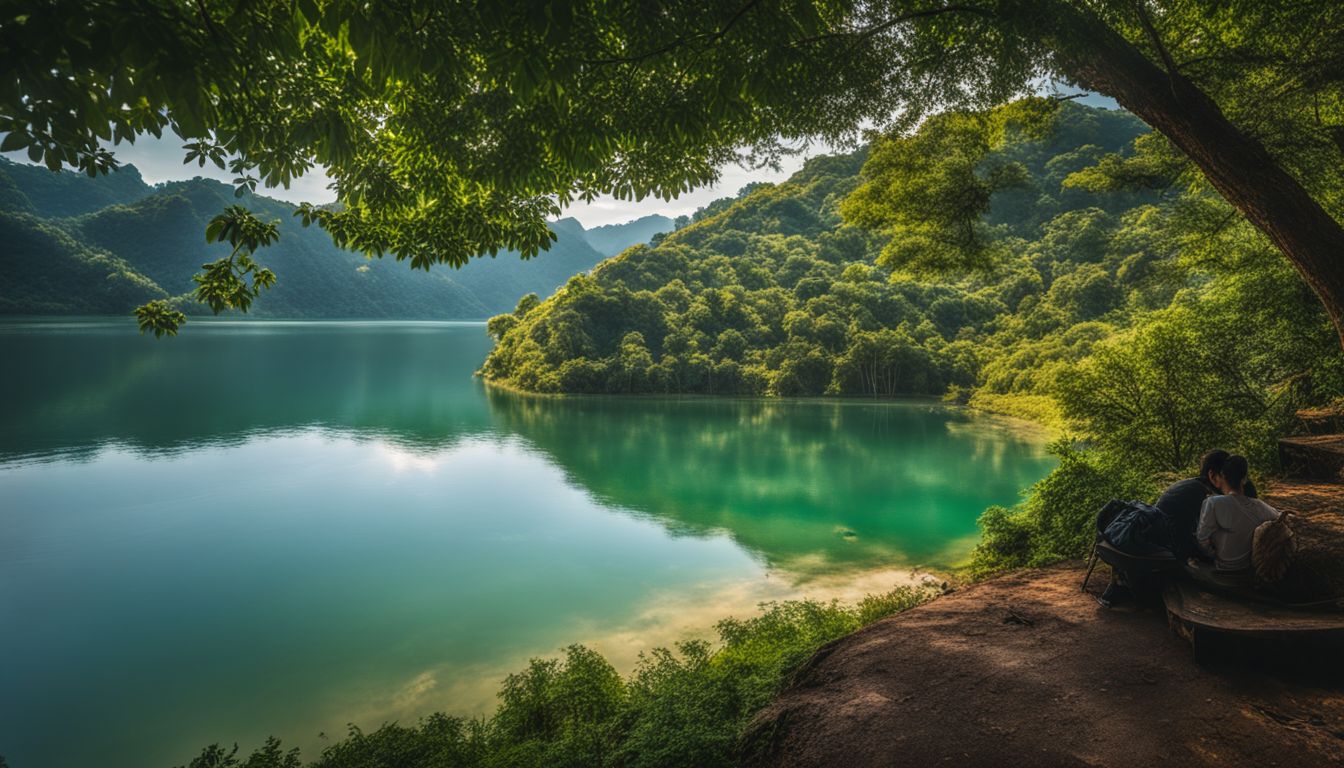 A vibrant photo of Ta Dung Lake depicting its lush surroundings and diverse group of people.
