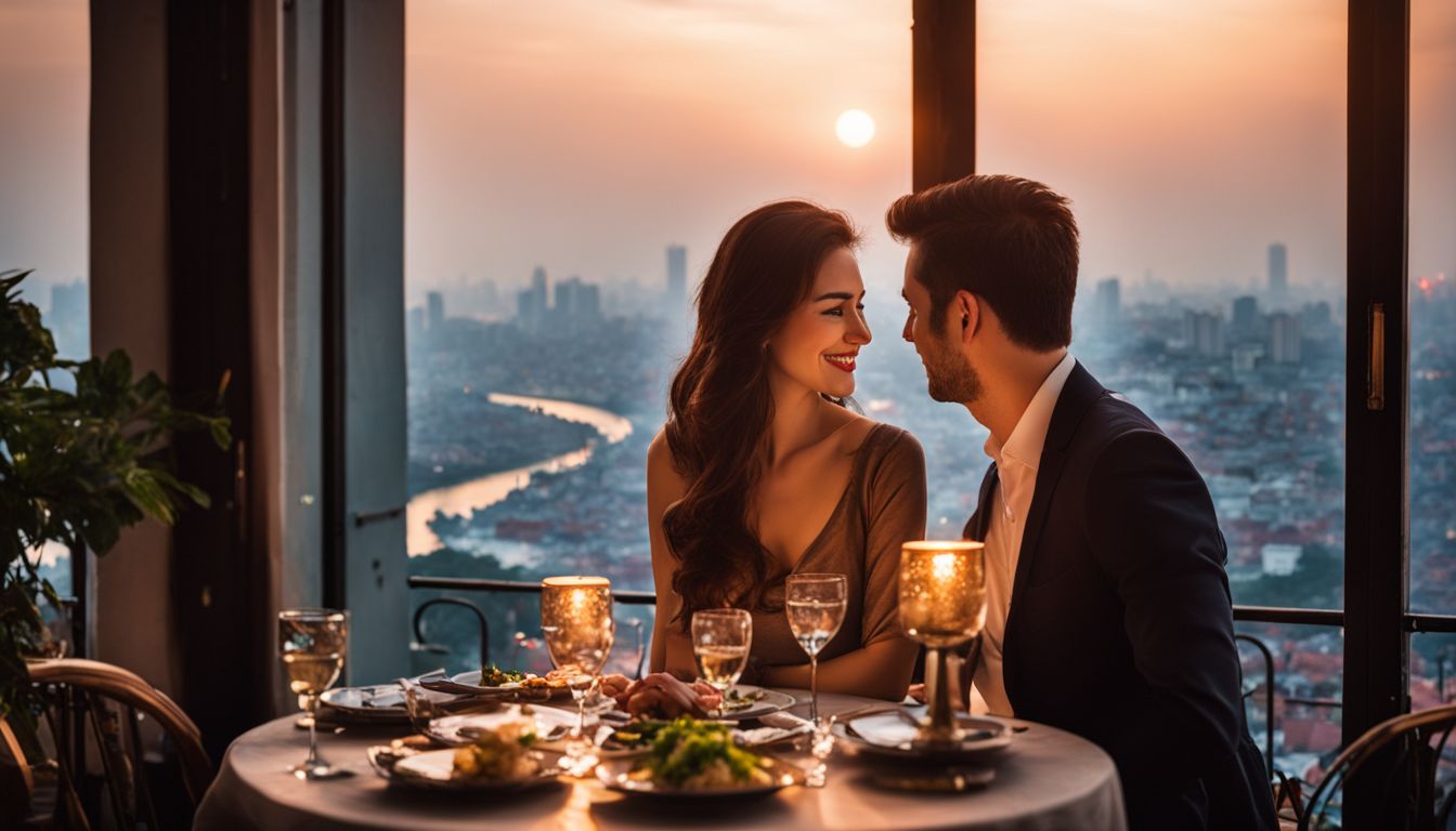 A couple enjoys a romantic dinner on a private balcony overlooking the beautiful cityscape of Hanoi.