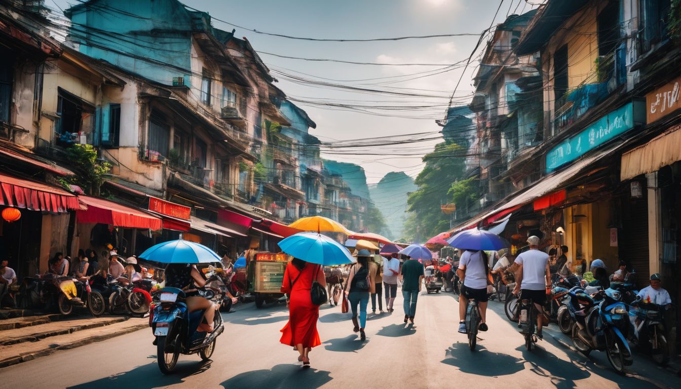 A diverse group explores the vibrant streets of Vietnam, capturing the bustling atmosphere with crystal-clear, photorealistic photography.