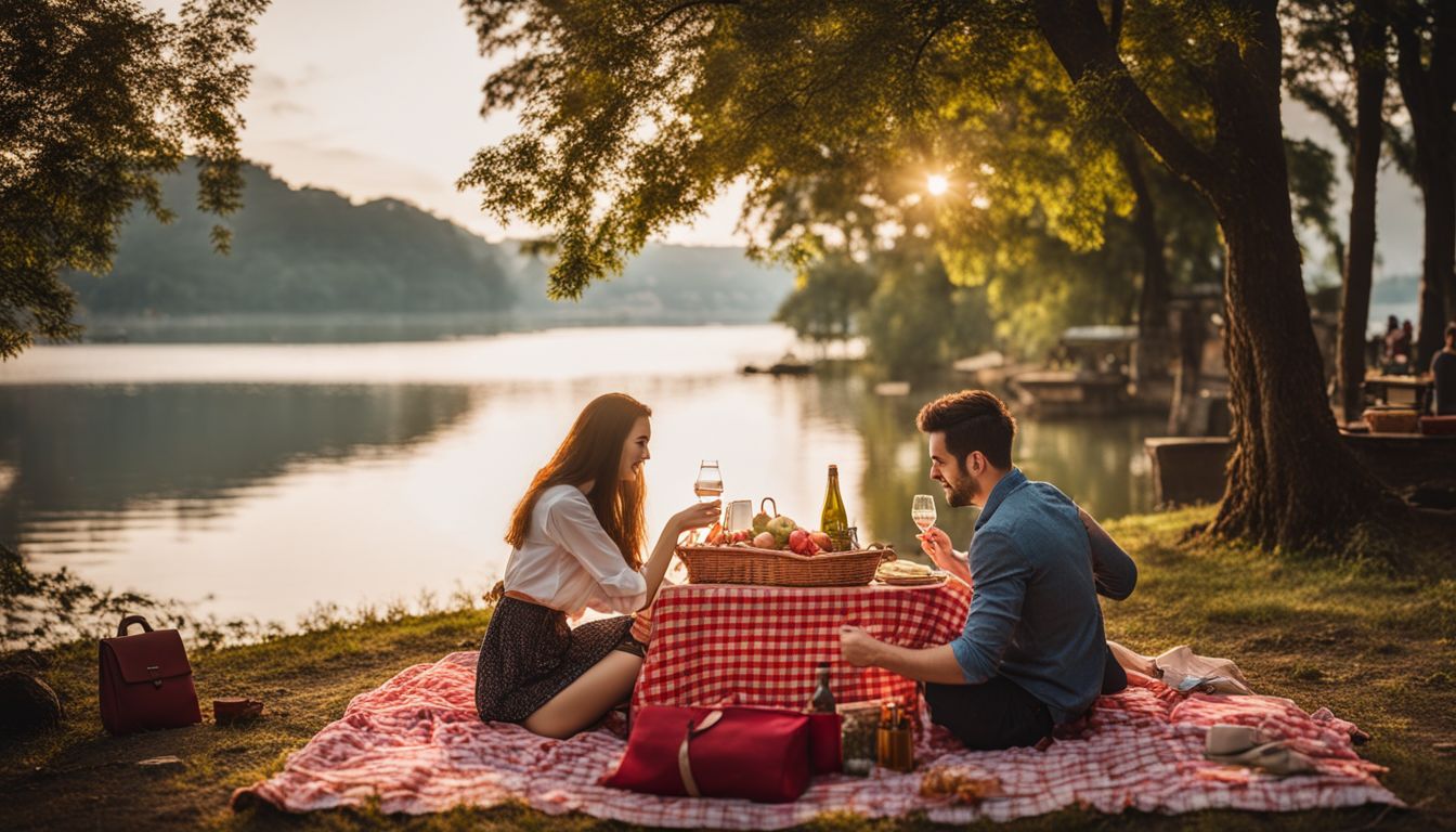 A couple enjoys a lakeside picnic in Tay Ho with a bustling atmosphere and stunning views.