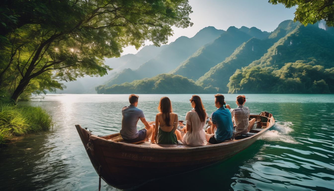A diverse group of friends enjoys a boat ride on Thac Ba Lake surrounded by lush greenery.
