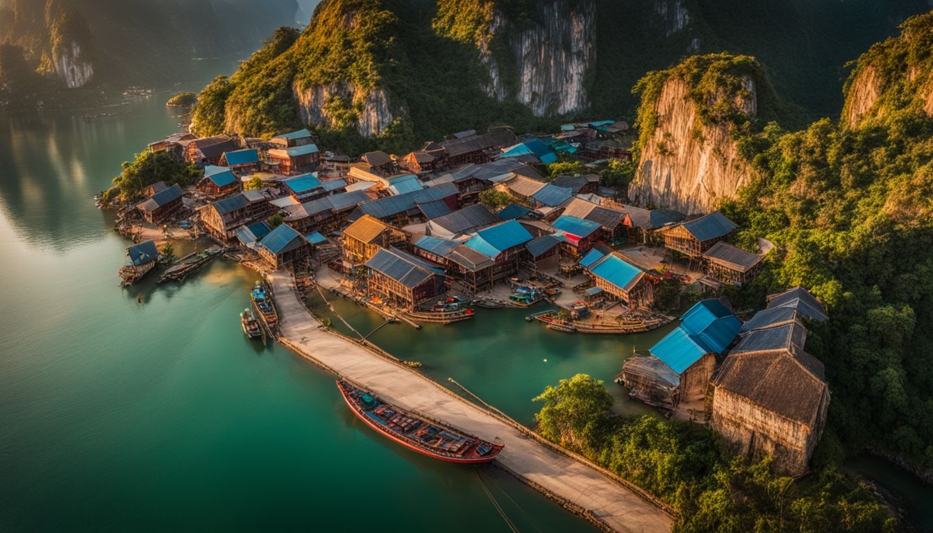 An aerial view of a colorful and vibrant floating village in Halong Bay at sunset.