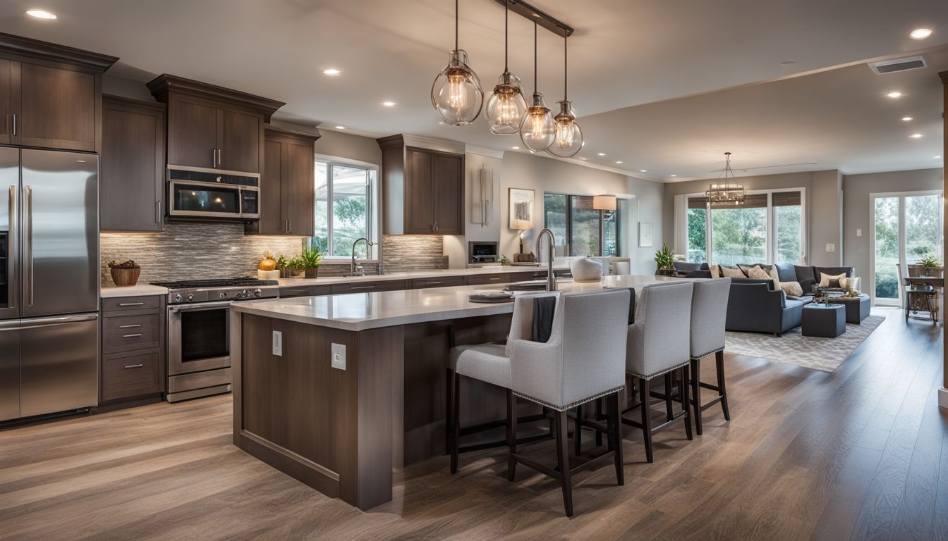 A spacious modern kitchen with a centered kitchen island and stylish pendant lights.
