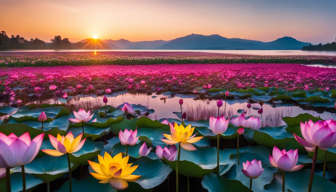 A vibrant field of lotus flowers in a serene lake, captured in stunning detail and clarity.