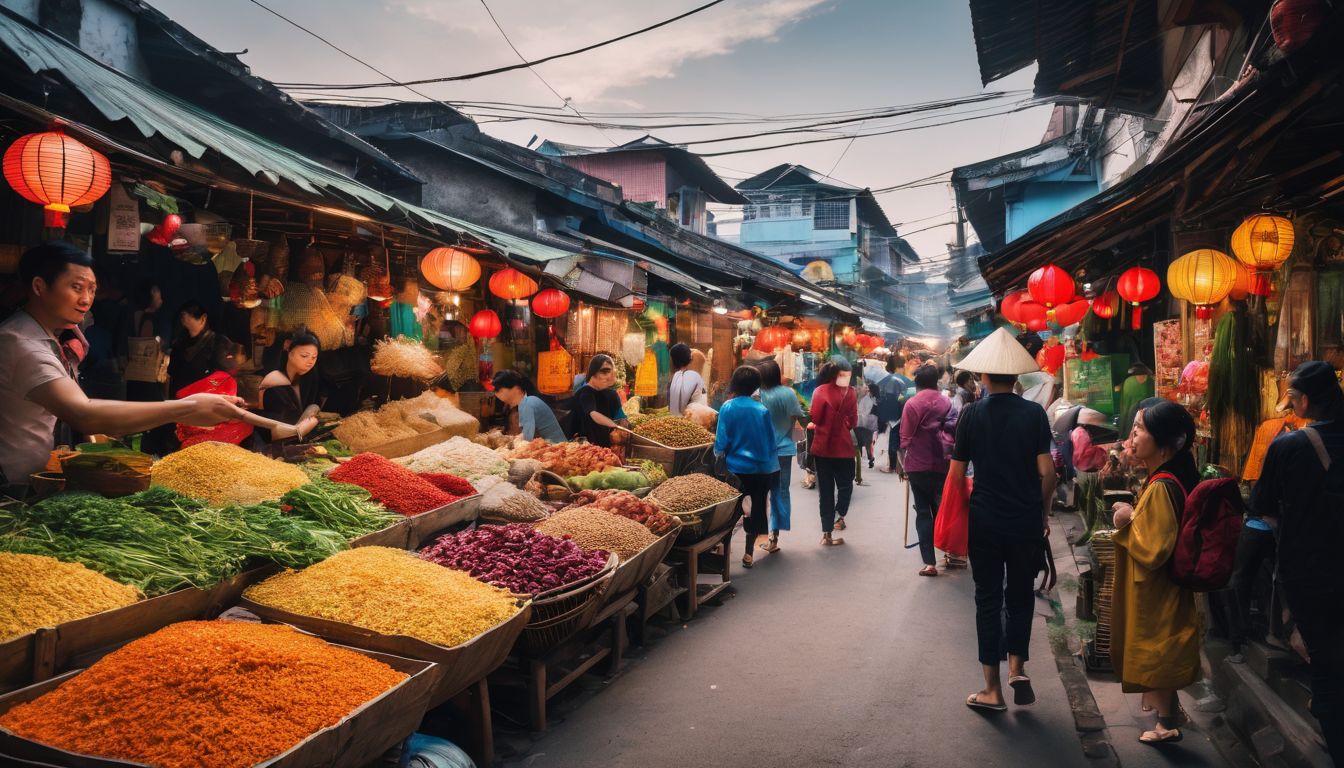 A vibrant Vietnamese street market captured in a stunning photograph showcasing the bustling atmosphere and traditional architecture.