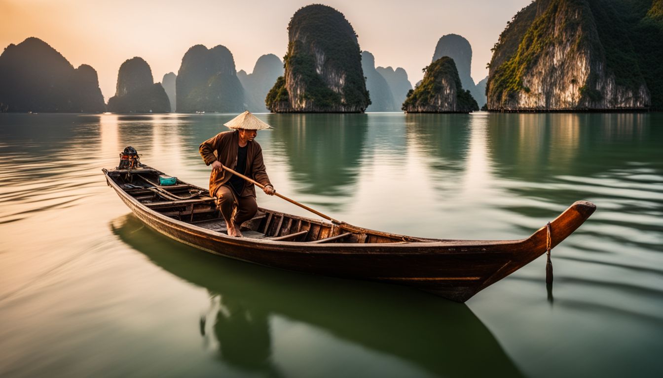A fisherman navigates through the stunning karst formations of Halong Bay in a traditional wooden boat.