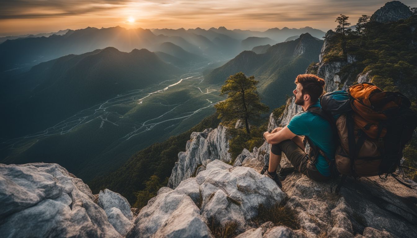 A hiker enjoys the stunning view from the peak of one of the Five Marble Mountains.
