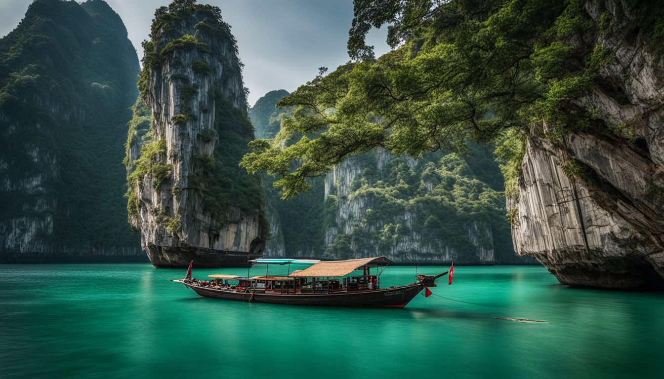 A photo of limestone formations protruding from turquoise waters in Halong Bay.