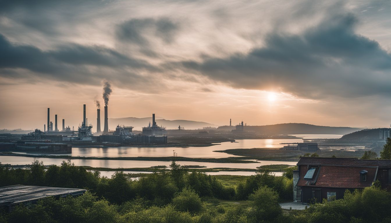 A photo of an industrial landscape with the THUMS Islands in the background featuring a diverse range of people and bustling atmosphere.