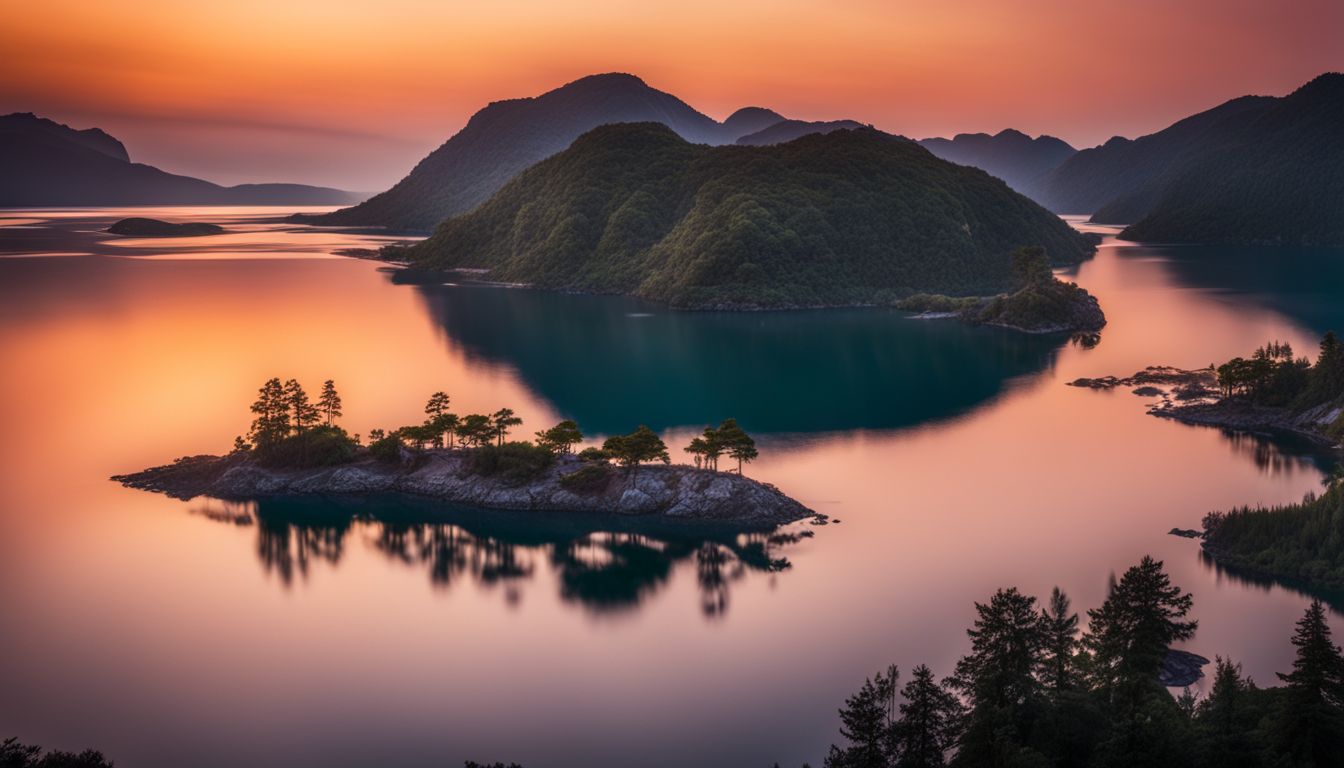 A stunning sunset landscape photograph of The Islands of THUMS with colorful skies, reflections, and a bustling atmosphere.