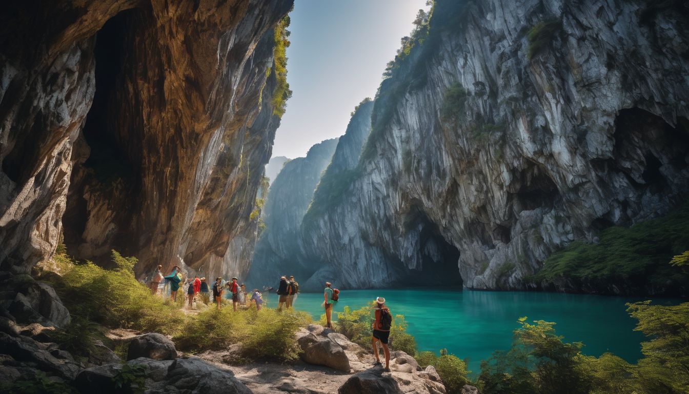 A diverse group of tourists exploring the beautiful caves and rock formations of Marble Mountains.
