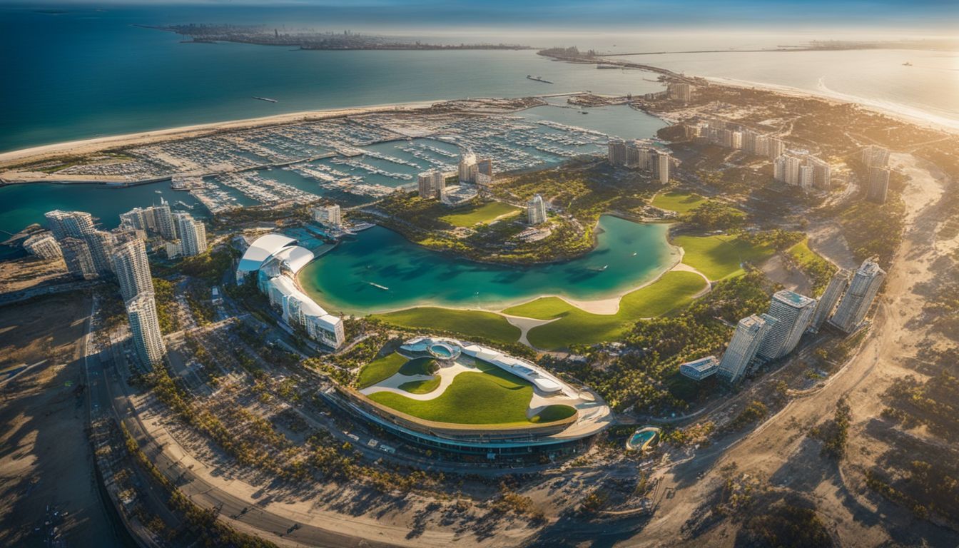 A panoramic aerial view of the THUMS Islands in Long Beach showcasing futuristic architecture and the surrounding ocean.